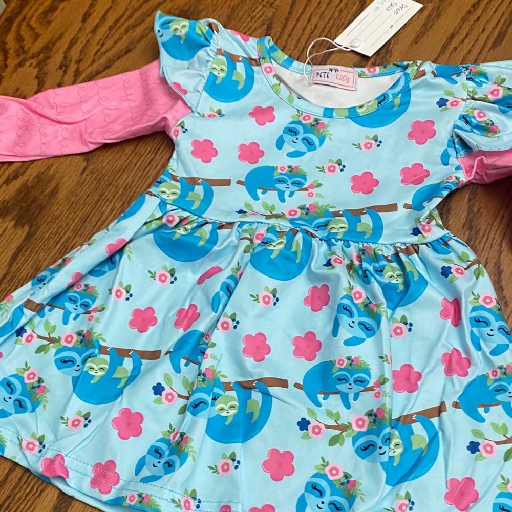 Charming Blue and Pink Sloth Print Kids Dress